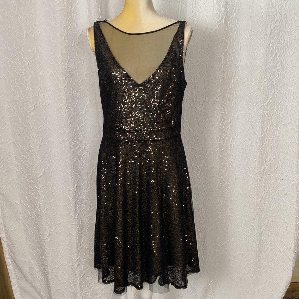 Betsey Johnson Gold Sequin Mesh Illusion Fit Flare Dress - 10